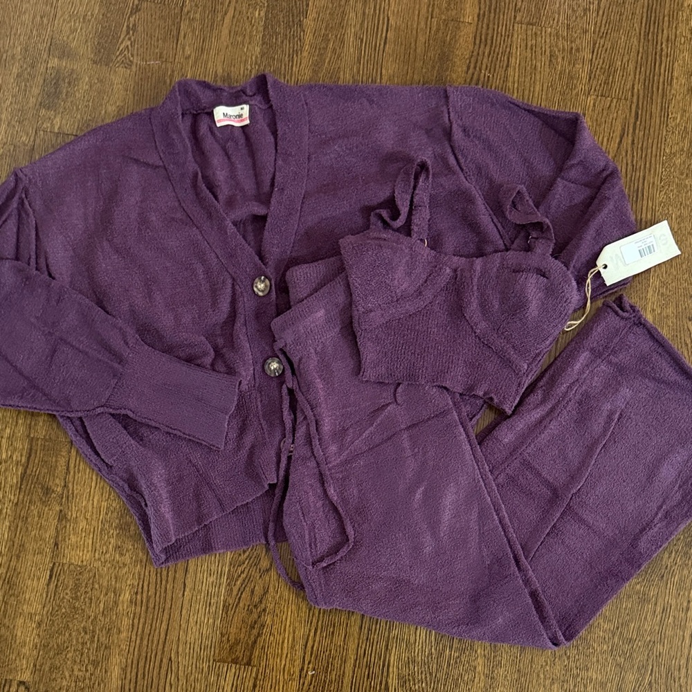 Women’s Purple Knit Cardigan and Tank, Pants Sweater Set